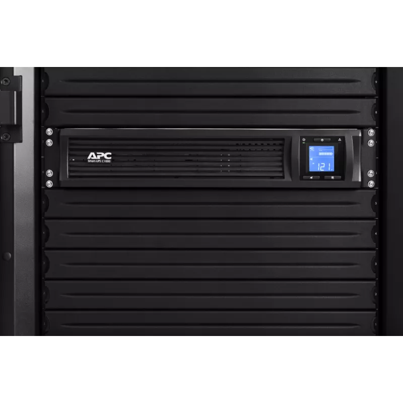 APC Smart-UPS C, linijinis interaktyvus, 1000VA, 2U stelažinis, 230V, 4x IEC C13 lizdai, SmartConnect prievadas, USB ir RS-232, AVR, grafinis LCD