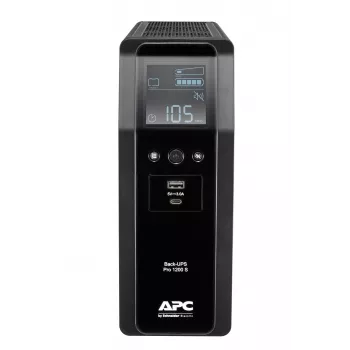 APC Back-UPS Pro, 1200VA/720W, bokštinis, 230V, 8x IEC C13 lizdai, sinusinė banga, AVR, USB A ir C prievadai, LCD, keičiama baterija