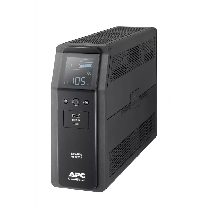 APC Back-UPS Pro, 1200VA/720W, bokštinis, 230V, 8x IEC C13 lizdai, sinusinė banga, AVR, USB A ir C prievadai, LCD, keičiama baterija