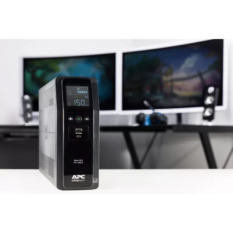 APC Back-UPS Pro, 1200VA/720W, bokštinis, 230V, 8x IEC C13 lizdai, sinusinė banga, AVR, USB A ir C prievadai, LCD, keičiama baterija