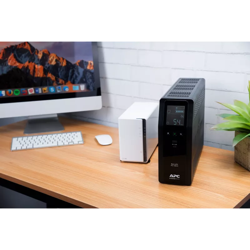 APC Back-UPS Pro, 1200VA/720W, bokštinis, 230V, 8x IEC C13 lizdai, sinusinė banga, AVR, USB A ir C prievadai, LCD, keičiama baterija