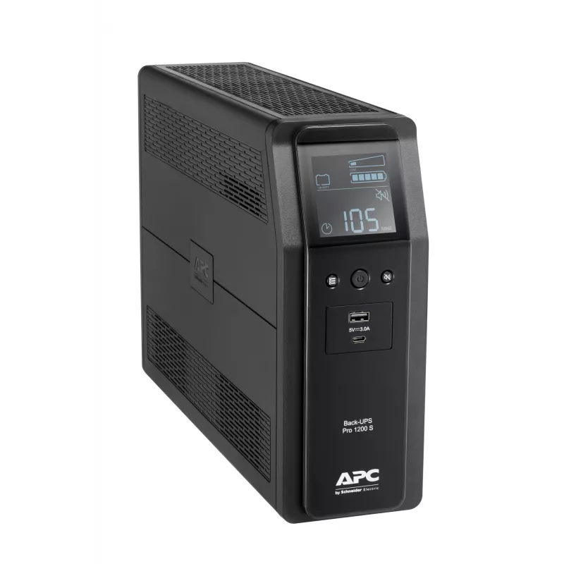 APC Back-UPS Pro, 1200VA/720W, bokštinis, 230V, 8x IEC C13 lizdai, sinusinė banga, AVR, USB A ir C prievadai, LCD, keičiama baterija