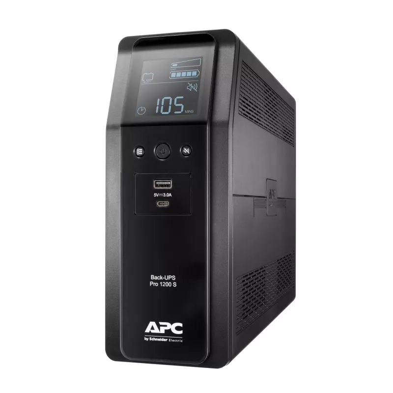 APC Back-UPS Pro, 1200VA/720W, bokštinis, 230V, 8x IEC C13 lizdai, sinusinė banga, AVR, USB A ir C prievadai, LCD, keičiama baterija
