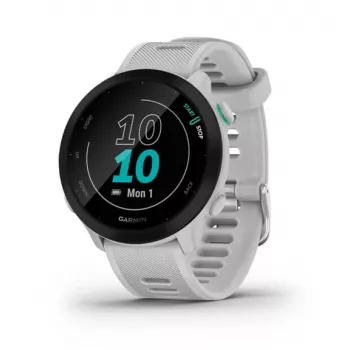 Išmanusis laikrodis GARMIN Forerunner 55 — 42 mm apvalus sportinis laikrodis, GPS/GLONASS/Galileo, 14 dienų baterija, 5 ATM, silikoninis baltas dirželis