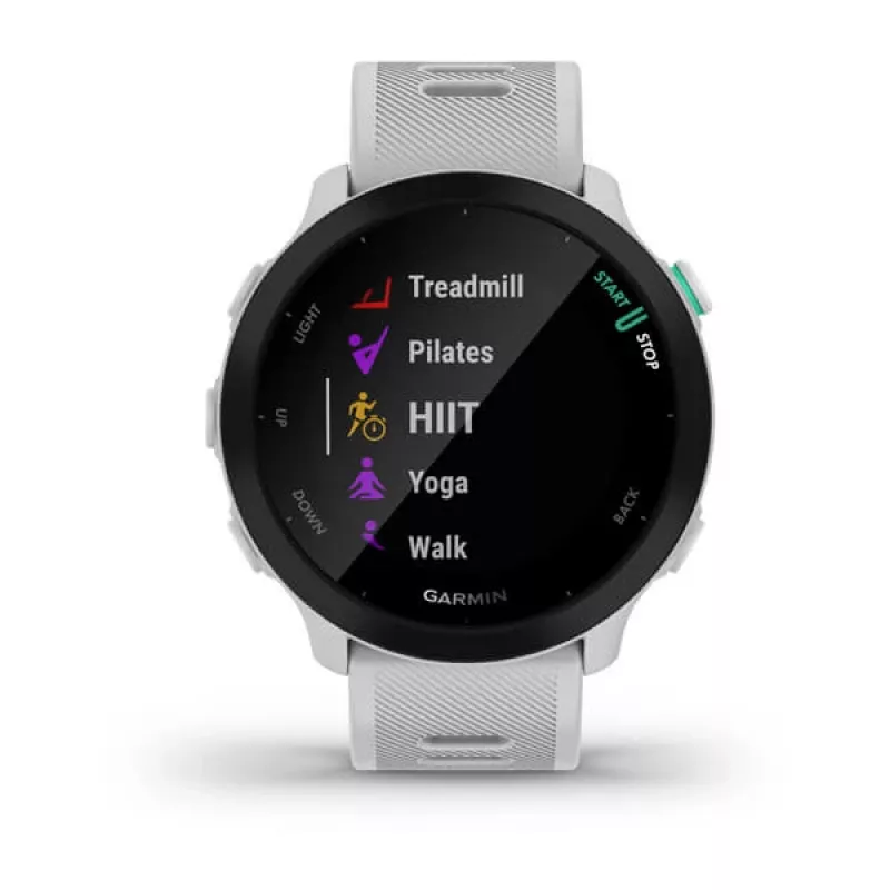 Išmanusis laikrodis GARMIN Forerunner 55 — 42 mm apvalus sportinis laikrodis, GPS/GLONASS/Galileo, 14 dienų baterija, 5 ATM, silikoninis baltas dirželis