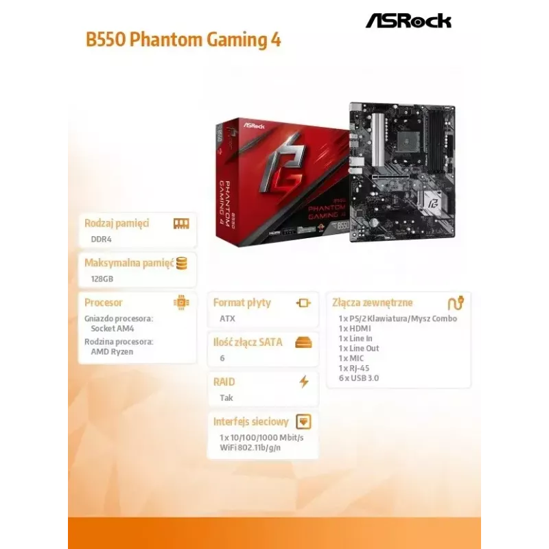 ASRock B550 Phantom Gaming 4 pagrindinė plokštė AMD B550 Socket AM4 ATX