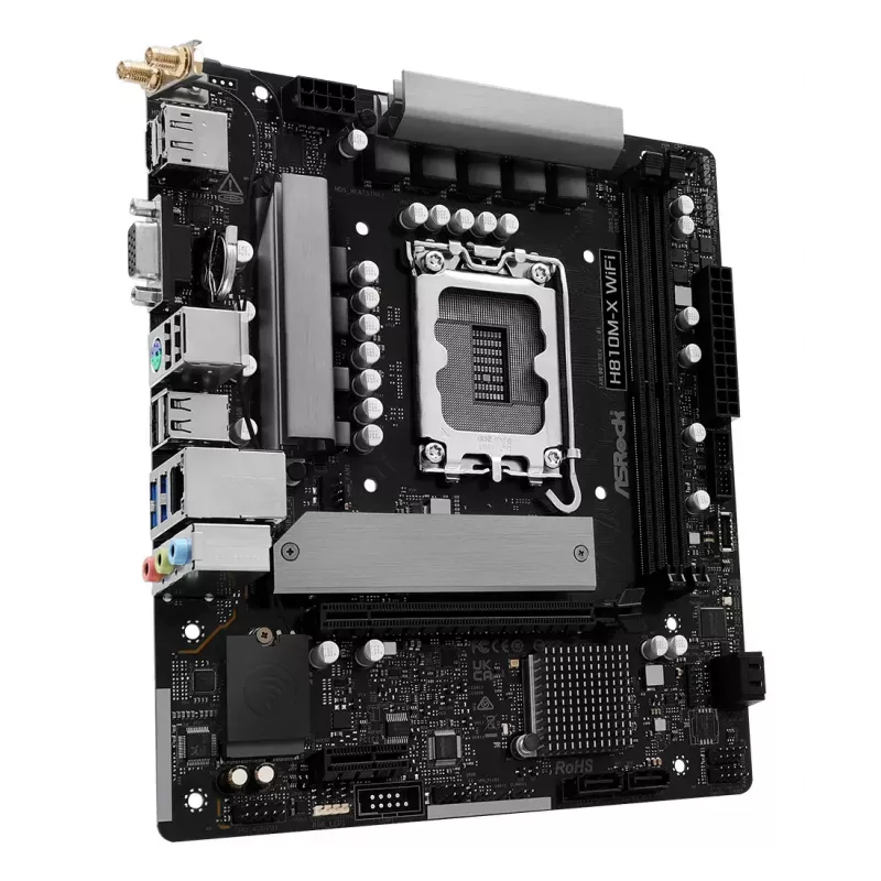 Pagrindinė plokštė ASRock H810M-X WiFi — Intel H810, LGA 1851, microATX, DDR5, 2 DIMM, 128GB, Wi‑Fi 5, 2.5Gb LAN, M.2, SATA III