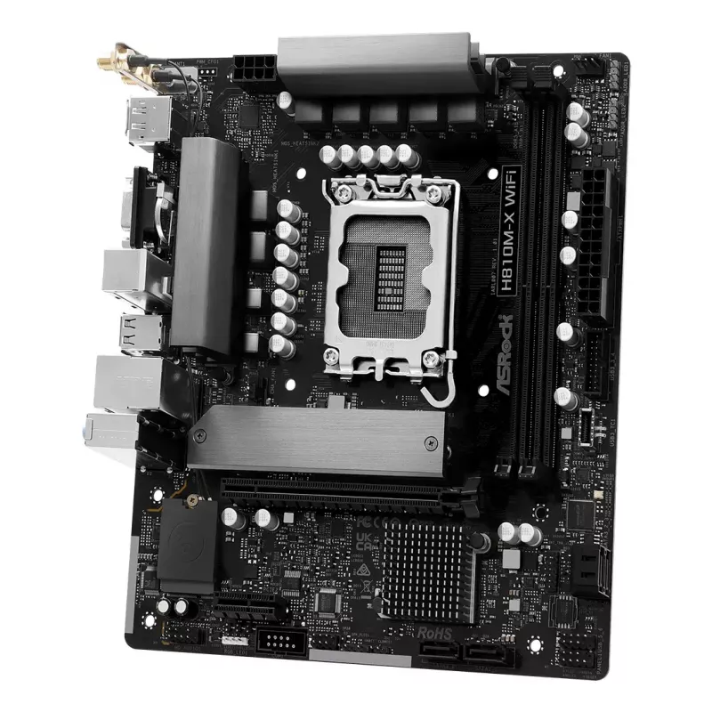 Pagrindinė plokštė ASRock H810M-X WiFi — Intel H810, LGA 1851, microATX, DDR5, 2 DIMM, 128GB, Wi‑Fi 5, 2.5Gb LAN, M.2, SATA III