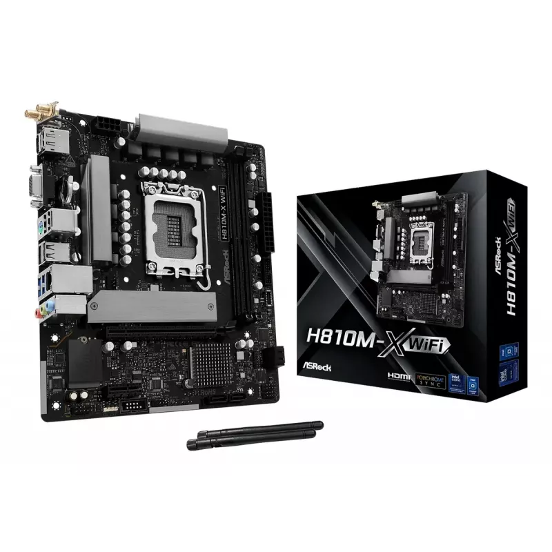 Pagrindinė plokštė ASRock H810M-X WiFi — Intel H810, LGA 1851, microATX, DDR5, 2 DIMM, 128GB, Wi‑Fi 5, 2.5Gb LAN, M.2, SATA III