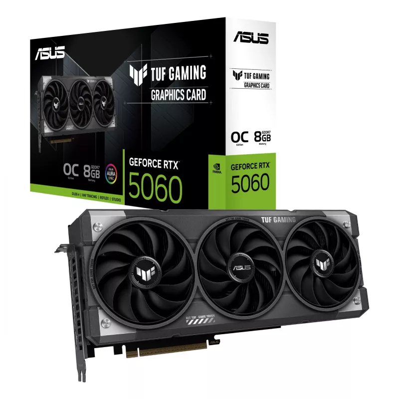 Vaizdo plokštė ASUS GeForce RTX 5060 8 GB GDDR7 PCIe 5.0, 3840 CUDA, OC, 3x DisplayPort 2.1b + HDMI 2.1b, 302 mm, 3 lizdai