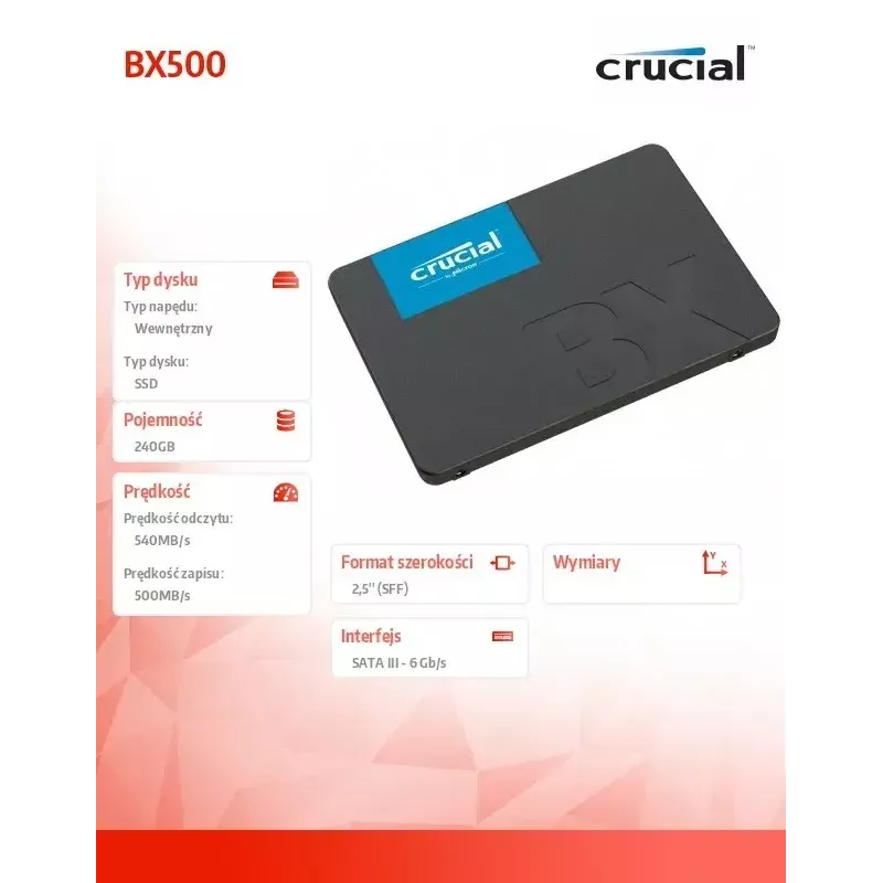 CRUCIAL BX500 240GB SSD, 2,5 colio 7mm, SATA 6 Gb/s, Skaitymas/Rašymas: 540 / 500 MB/s