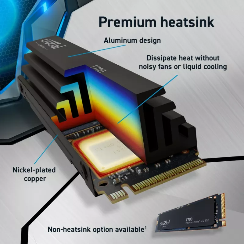 Crucial T700 2TB PCIe Gen5 x4 M.2 2280 NVMe SSD su aušintuvu