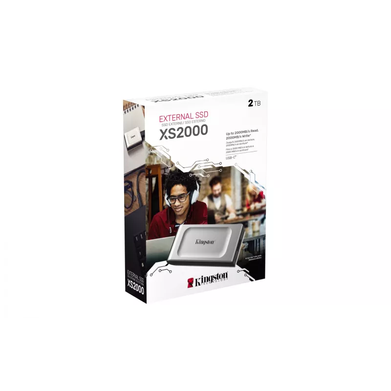 Kingston XS2000 2 TB nešiojamas SSD, USB Type-C, 3.2 Gen 2x2, 2000 MB/s, juodas/sidabrinis