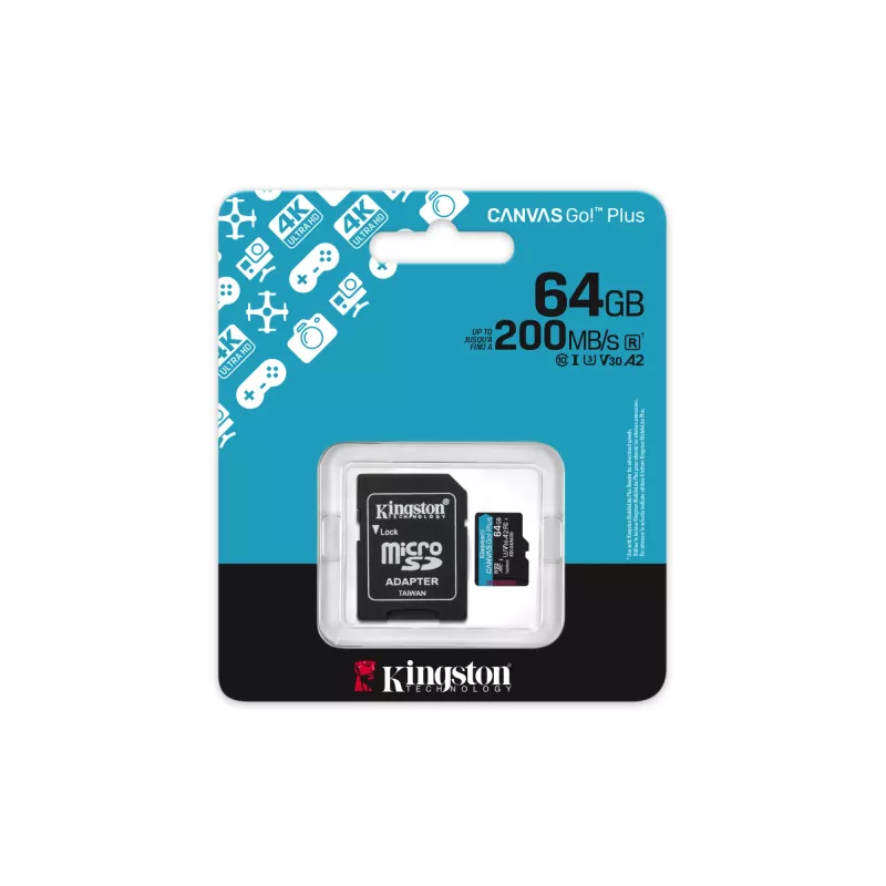 Kingston 64GB microSDXC Canvas Go Plus Gen4 200MB/s A2 U3 V30 atminties kortelė su adapteriu