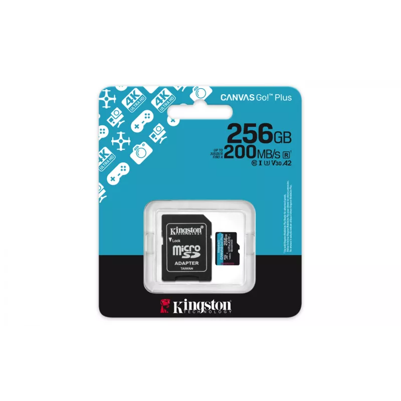 Kingston 256GB microSDXC Canvas Go Plus Gen4 200MB/s A2 U3 V30 atminties kortelė su adapteriu