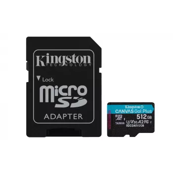 Kingston Technology 512GB microSDXC Canvas Go Plus Gen4 200MB/s A2 U3 V30 kortelė su adapteriu