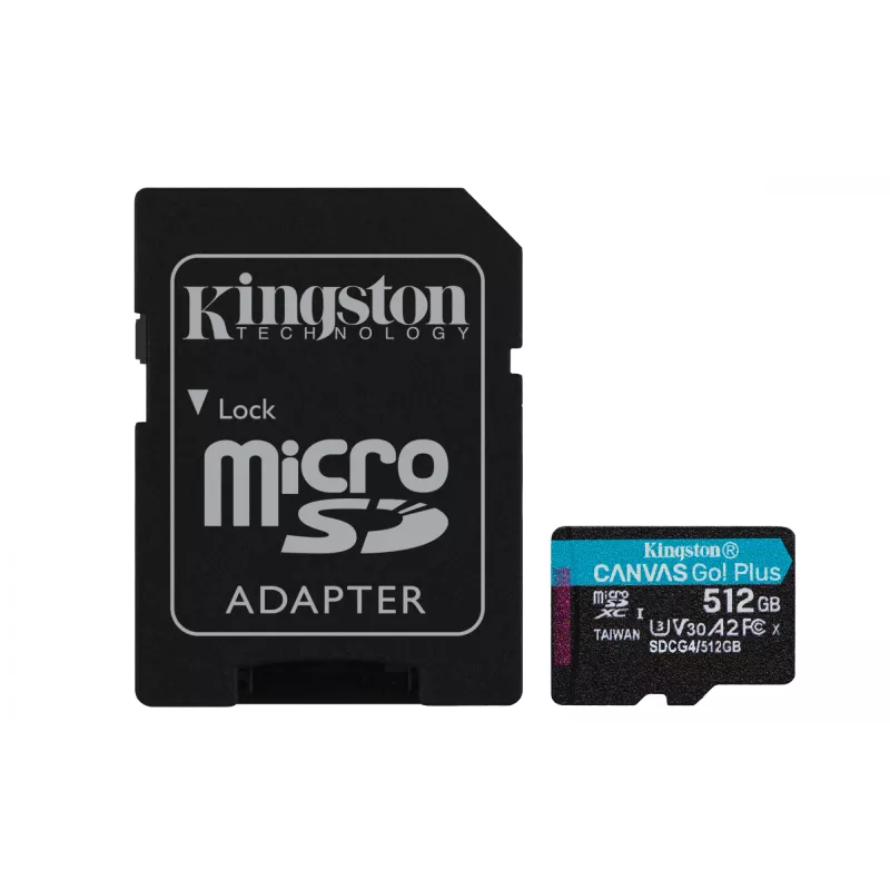 Kingston Technology 512GB microSDXC Canvas Go Plus Gen4 200MB/s A2 U3 V30 kortelė su adapteriu