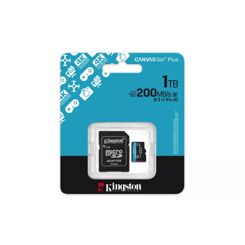 Kingston Technology 1TB microSDXC Canvas Go Plus Gen4 200MB/s A2 U3 V30 atminties kortelė su adapteriu