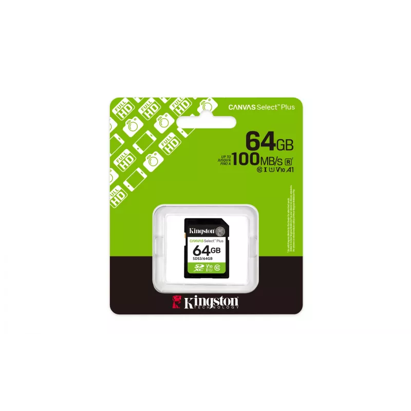 Kingston Canvas Select Plus 64GB SDXC atminties kortelė, 100MB/s, C10, UHS-I, U1, V10