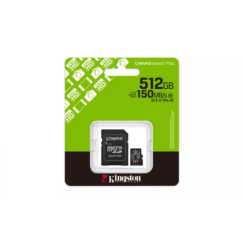 Kingston Canvas Select Plus 512GB microSDXC Gen3 150MB/s A1 atminties kortelė su adapteriu
