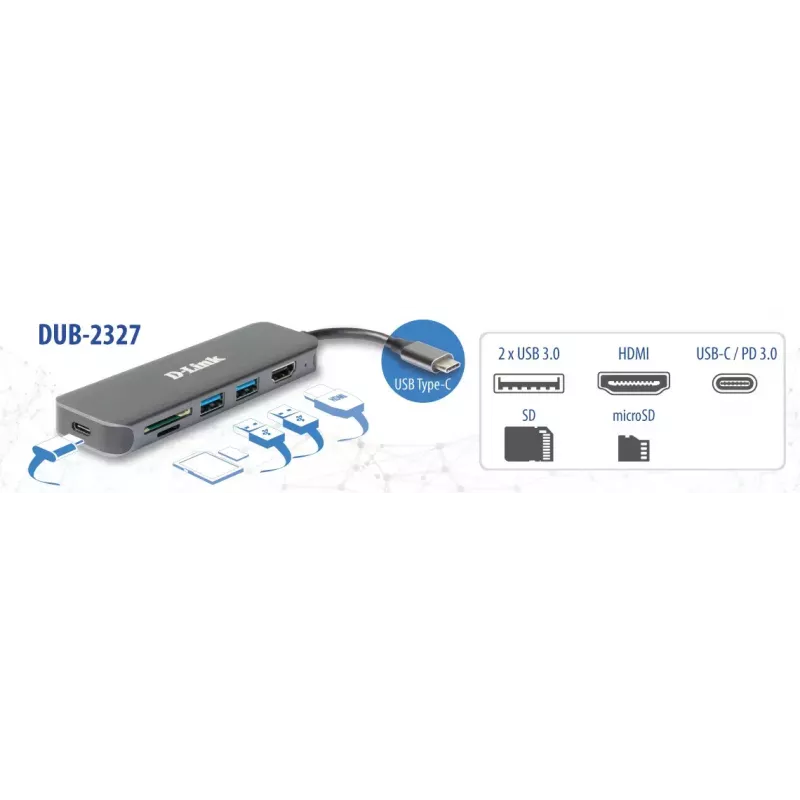 D-Link 6-in-1 USB-C Hub DUB-2327 su HDMI / kortelių skaitytuvu / Power Delivery