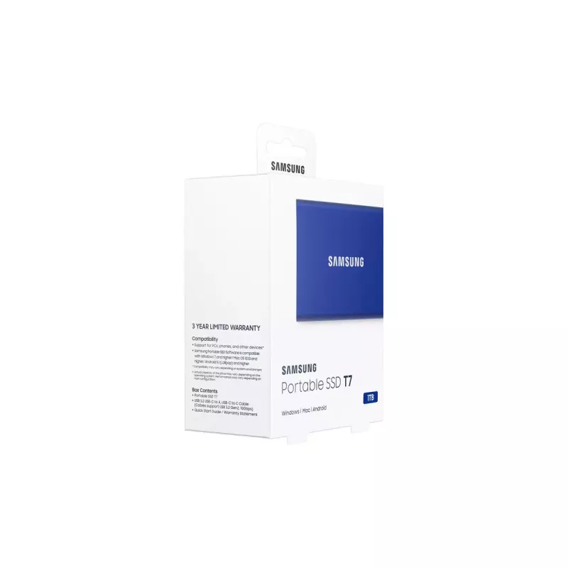 Išorinis SSD Samsung T7 Portable 1 TB, USB-C 3.2 Gen 2, NVMe, AES-256 aparatinė šifravimas, mėlynas