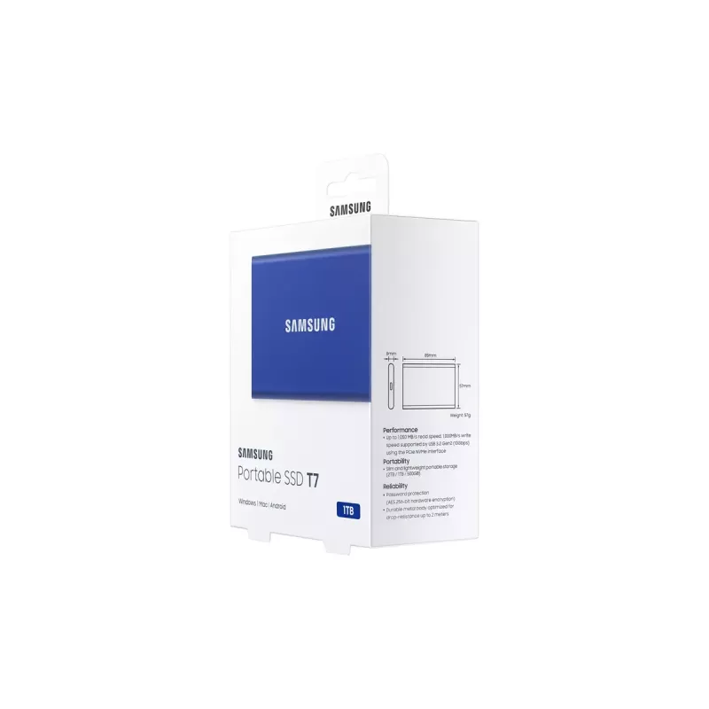 Išorinis SSD Samsung T7 Portable 1 TB, USB-C 3.2 Gen 2, NVMe, AES-256 aparatinė šifravimas, mėlynas
