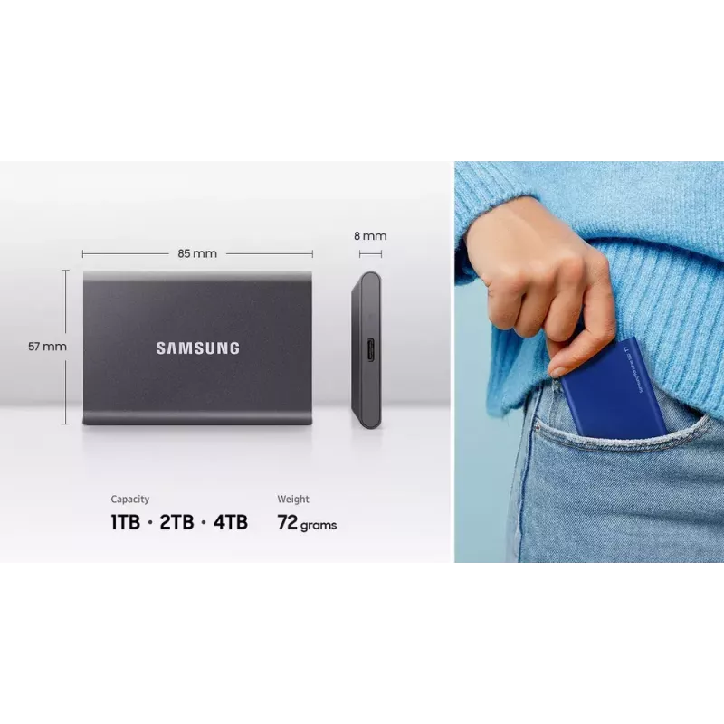 Išorinis SSD Samsung T7 Portable 1 TB, USB-C 3.2 Gen 2, NVMe, AES-256 aparatinė šifravimas, mėlynas