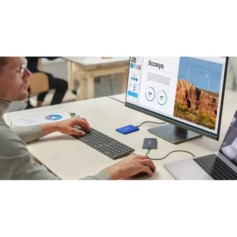 Išorinis SSD Samsung T7 Portable 1 TB, USB-C 3.2 Gen 2, NVMe, AES-256 aparatinė šifravimas, mėlynas