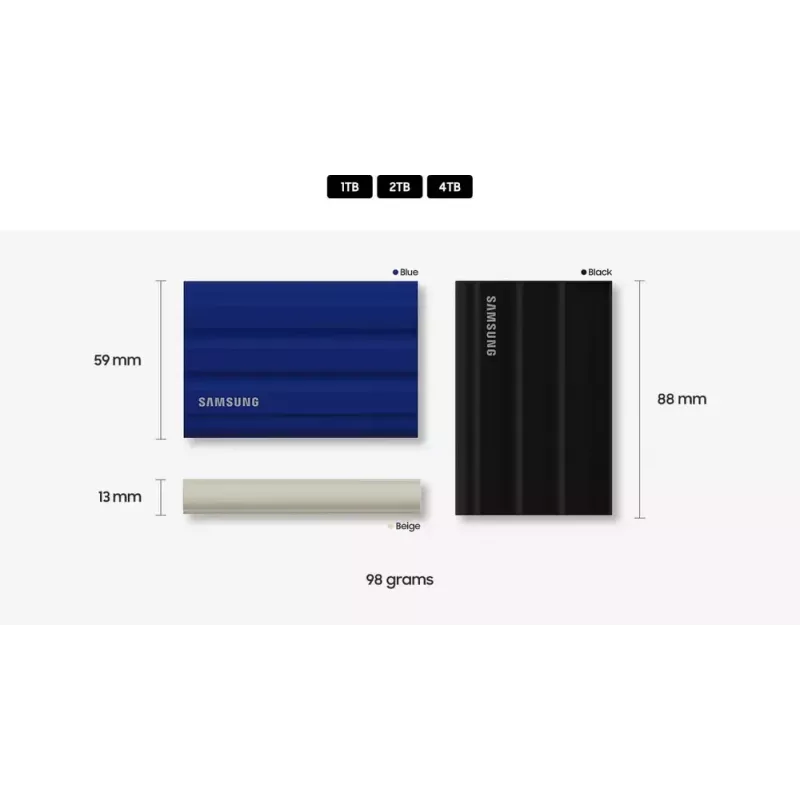 Išorinis SSD Samsung MU-PE1T0K 1TB nešiojamas NVMe USB Type-C 3.2 Gen 2, smėlio spalvos, guminis korpusas, atsparus vandeniui