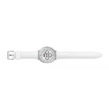 Išmanusis laikrodis Samsung Galaxy Watch 8 Classic 46 mm — 1,3 colio AMOLED, 438×438, 64 GB, Wi‑Fi, GPS, sidabrinis korpusas, balta juosta