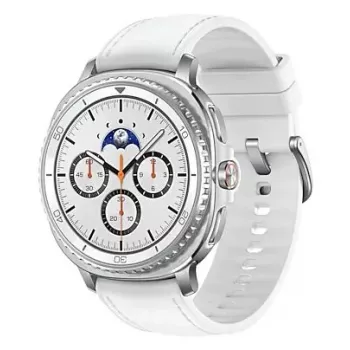 Išmanusis laikrodis Samsung Galaxy Watch 8 Classic 46 mm — 1,3 colio AMOLED, 438×438, 64 GB, Wi‑Fi, GPS, sidabrinis korpusas, balta juosta