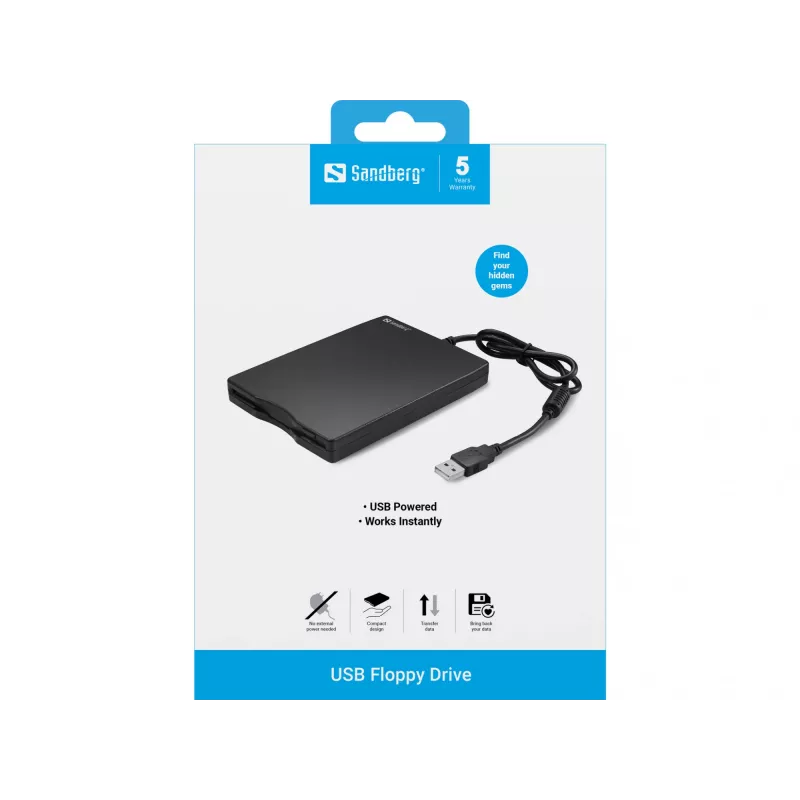 Sandberg USB diskelių įrenginys, išorinis diskelių skaitytuvas, USB 2.0, 360 RPM, 102 mm, 140 mm, 17 mm