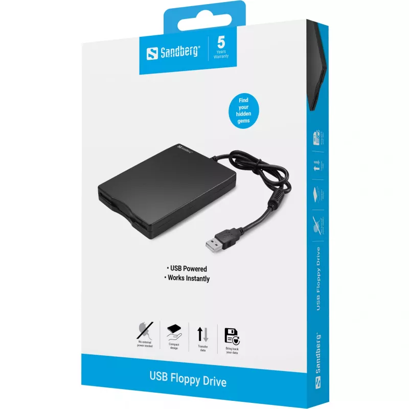 Sandberg USB diskelių įrenginys, išorinis diskelių skaitytuvas, USB 2.0, 360 RPM, 102 mm, 140 mm, 17 mm