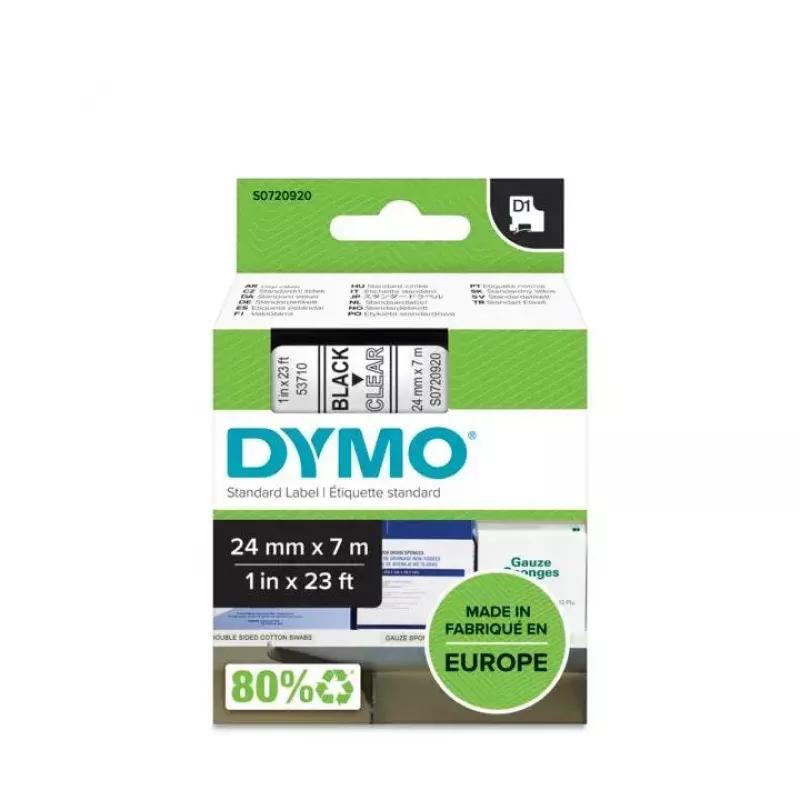DYMO D1 lipni juosta | 24 mm x 7 m | Juodas spausdinimas ant skaidraus | Lipni juosta DYMO LabelManager etikečių spausdintuvams