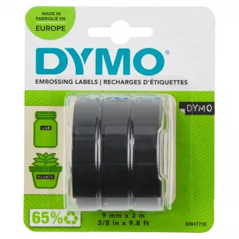 DYMO Autentiška reljefinė etikečių juosta | 9 mm x 3 m ritinėliai | Baltas šriftas ant juodo | Lipni | Reljefiniams etikečių spausdintuvams | 3 vnt.