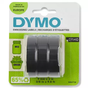 DYMO Autentiška reljefinė etikečių juosta | 9 mm x 3 m ritinėliai | Baltas šriftas ant juodo | Lipni | Reljefiniams etikečių spausdintuvams | 3 vnt.