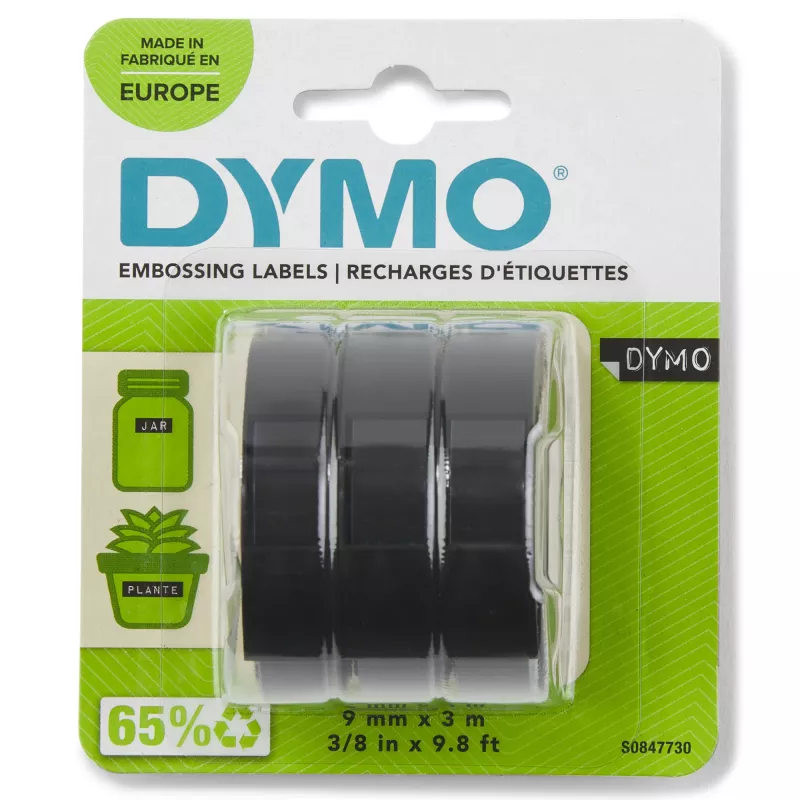 DYMO Autentiška reljefinė etikečių juosta | 9 mm x 3 m ritinėliai | Baltas šriftas ant juodo | Lipni | Reljefiniams etikečių spausdintuvams | 3 vnt.