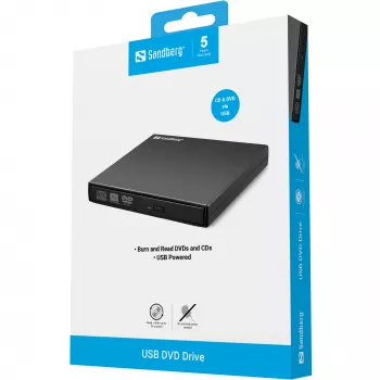 Sandberg USB DVD įrenginys, juodas, skirtas staliniam/nešiojamam kompiuteriui, DVD Super Multi, USB 2.0, CD-R, CD-ROM, CD-RW, DVD-R, DVD-ROM, DVD-RW, 24x