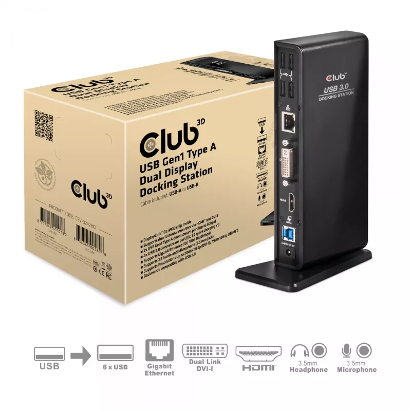 CLUB3D USB Gen1 Type A Dual Display (HDMI ir DVI) DisplayLink™ Dockinė stotelė
