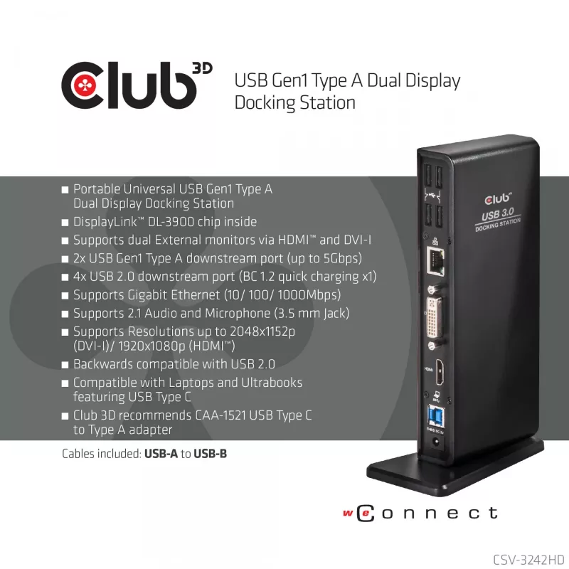 CLUB3D USB Gen1 Type A Dual Display (HDMI ir DVI) DisplayLink™ Dockinė stotelė