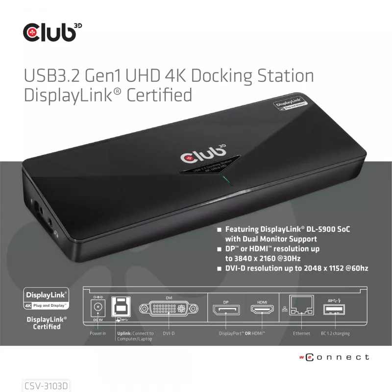 CLUB3D CSV-3103D Universal USB 3.1 Gen 1 UHD 4K Dockinė stotelė su DisplayLink™