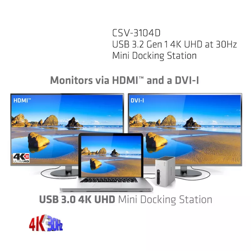 CLUB3D USB 3.2 Gen 1 Mini dokavimo stotelė, 4K UHD 30Hz, itin plonas dizainas
