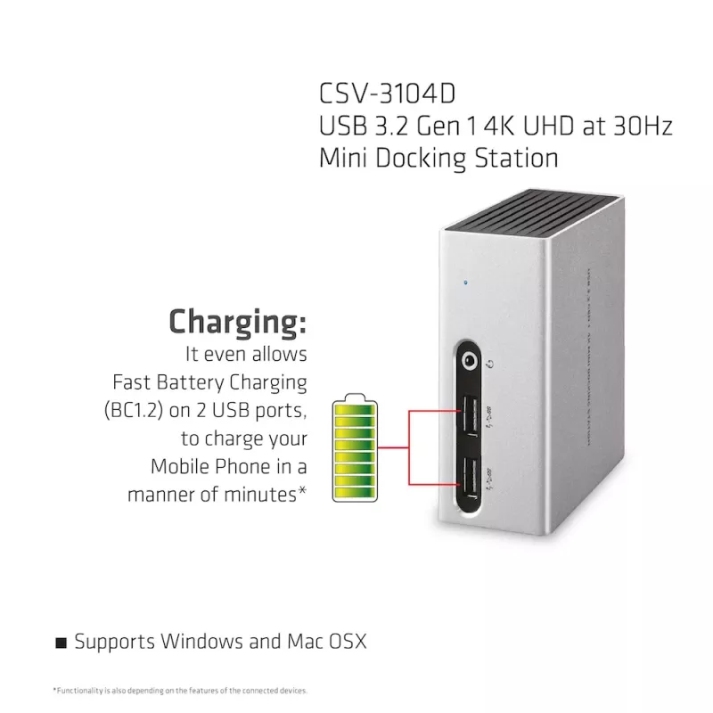 CLUB3D USB 3.2 Gen 1 Mini dokavimo stotelė, 4K UHD 30Hz, itin plonas dizainas