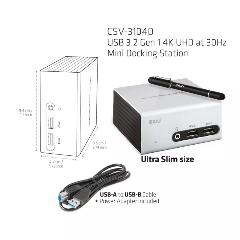 CLUB3D USB 3.2 Gen 1 Mini dokavimo stotelė, 4K UHD 30Hz, itin plonas dizainas