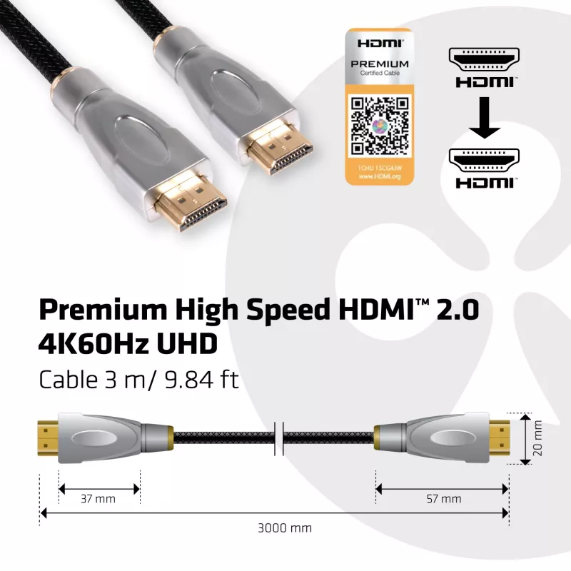 CLUB3D HDMI 2.0 laidas 3 m UHD 4K/60Hz 18Gbps sertifikuotas Premium High Speed