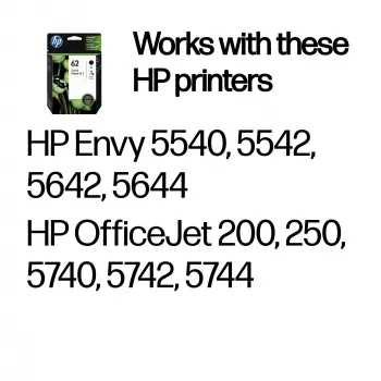 HP 62 2 rinkinys juodi/trispalviai originalūs rašalo kasetės, juoda, žydra, rausvai raudona, geltona, pigmentinis rašalas, 2 vnt., 200 puslapių