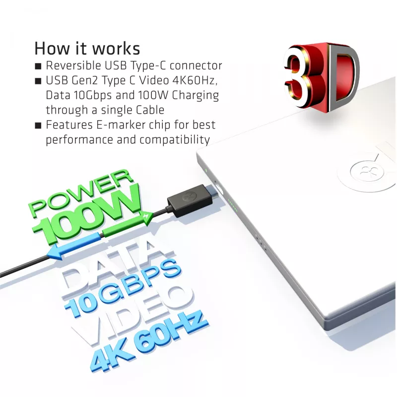 CLUB3D USB Gen2 Type C laidas 4K60Hz, 10Gbps, 100W įkrovimas, 1 m, M/F
