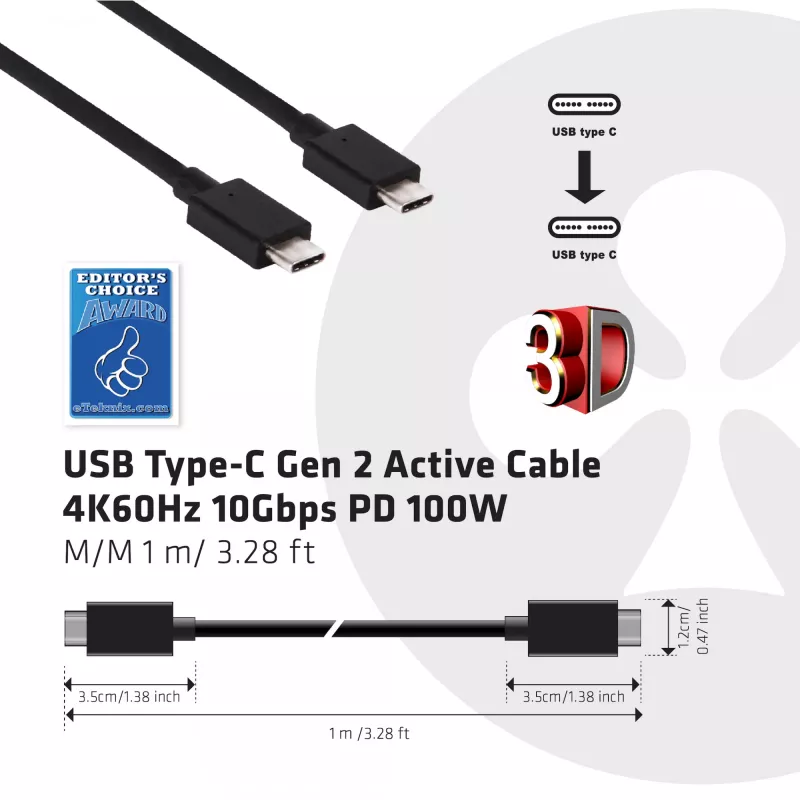 CLUB3D USB Gen2 Type C laidas 4K60Hz, 10Gbps, 100W įkrovimas, 1 m, M/F