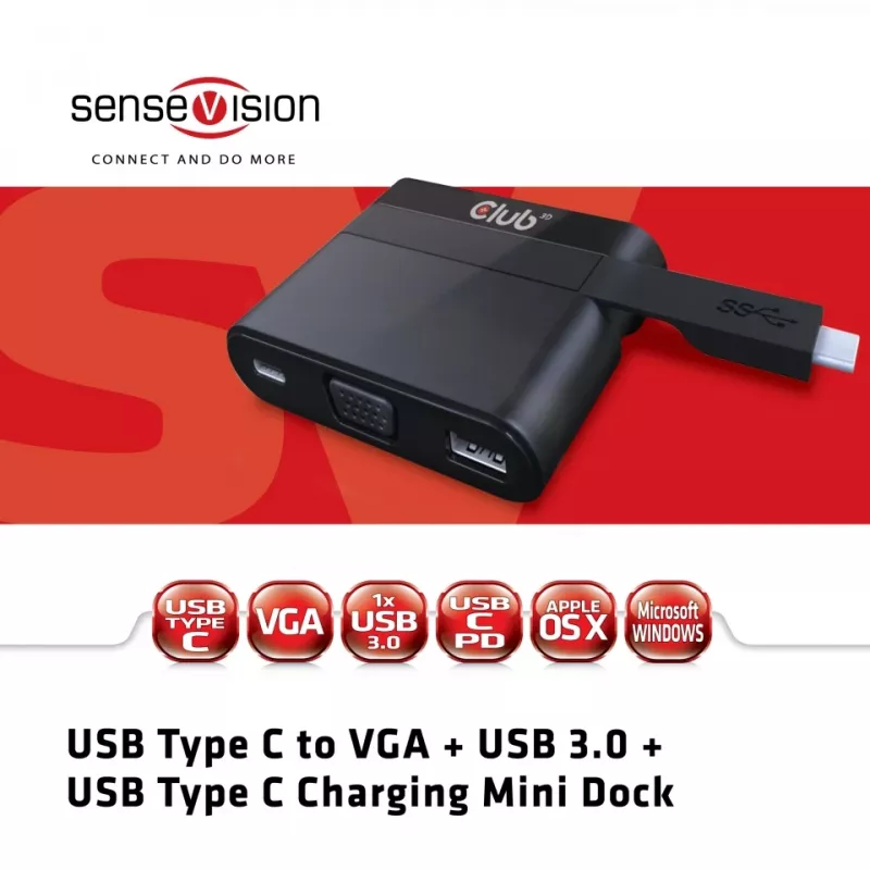 CLUB3D CSV-1532 USB-C mini dokas su VGA, USB 3.0 ir įkrovimu